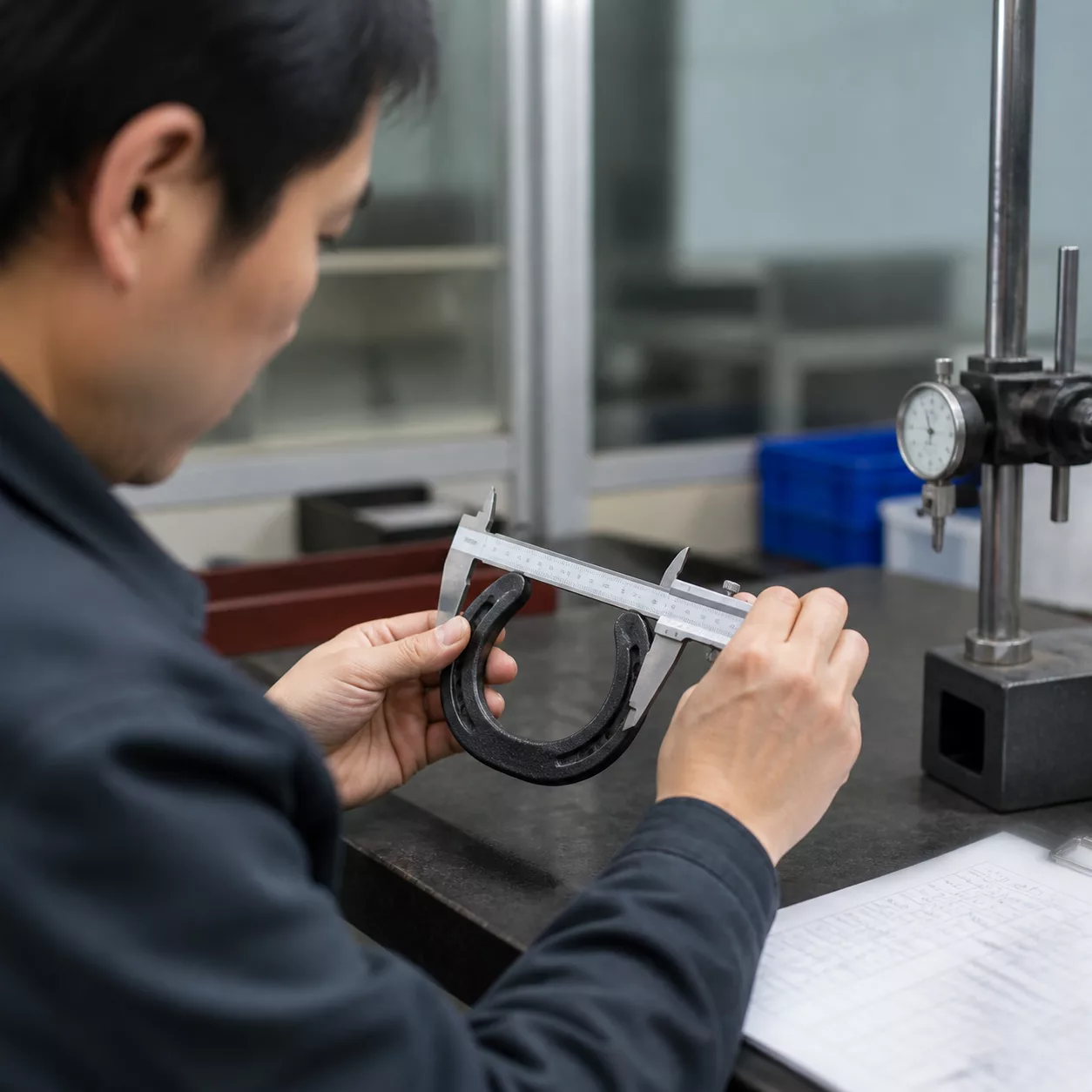Chinese factory inspector measuring an open forged horseshoe