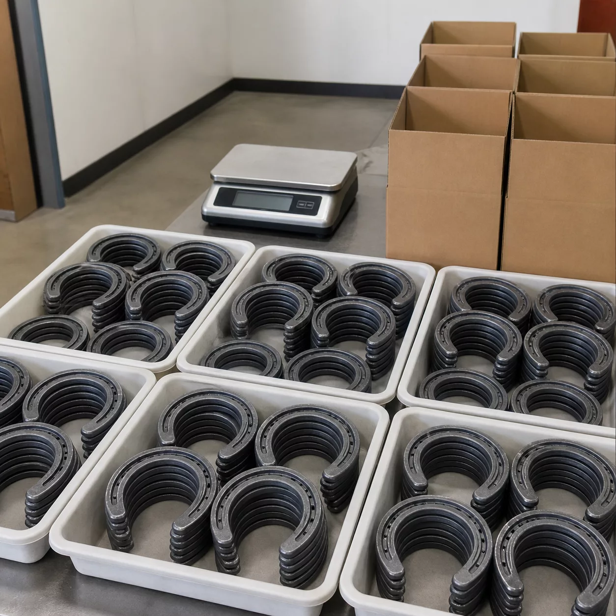 Final inspection trays and export cartons for open horseshoes