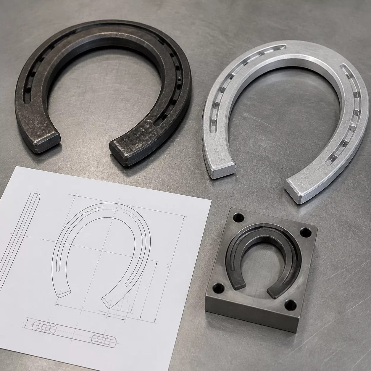 Custom horseshoe profile samples with engineering drawing