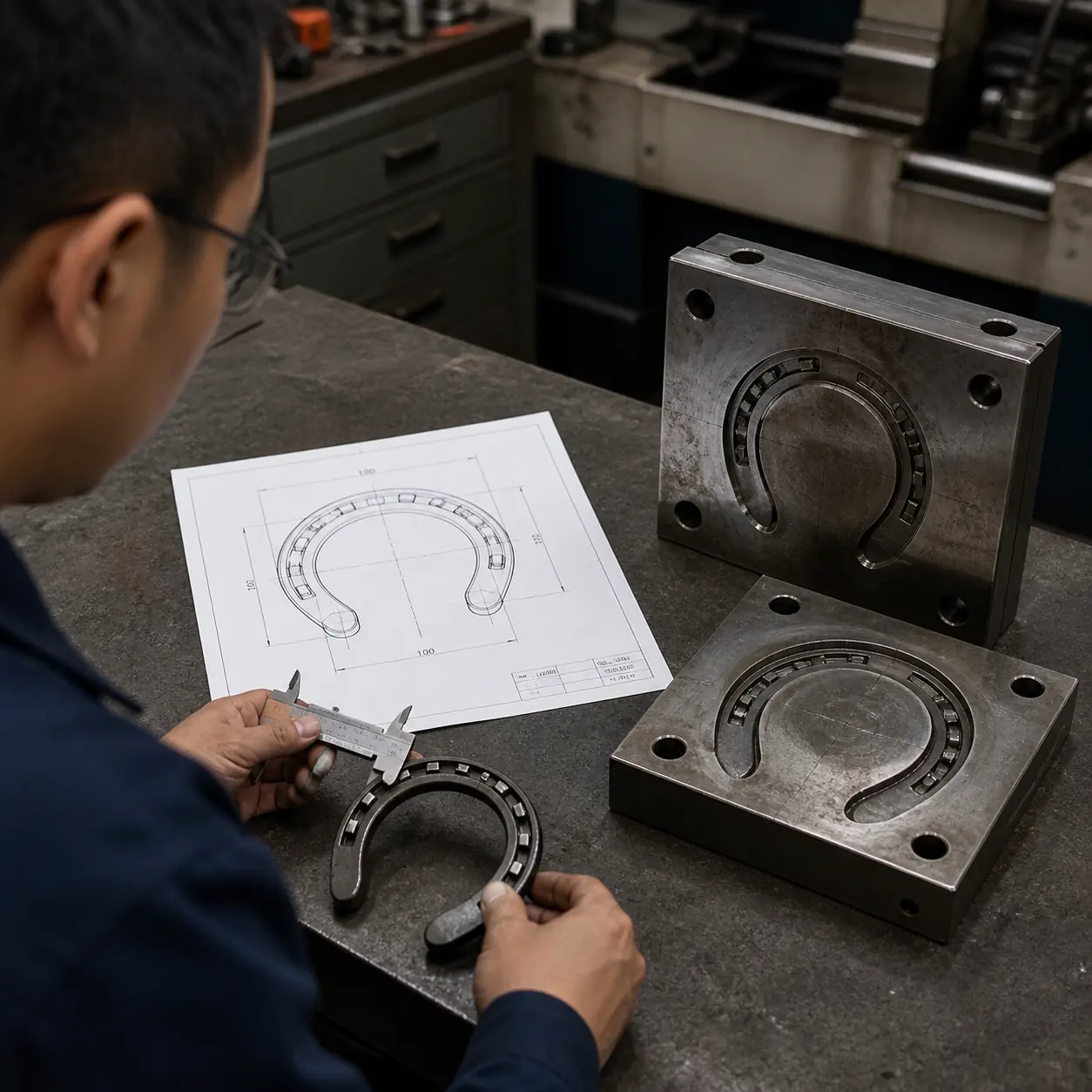 Horseshoe sample, technical drawing and matched forging die inserts under tooling review