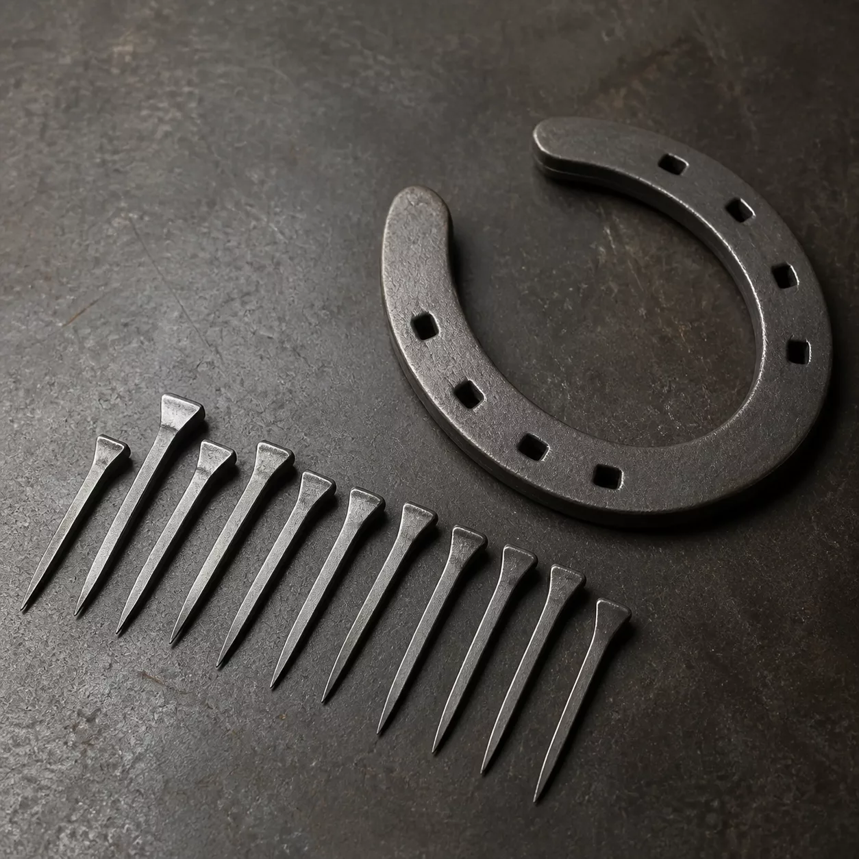 Open forged horseshoe with correctly shaped horseshoe nails for compatibility review
