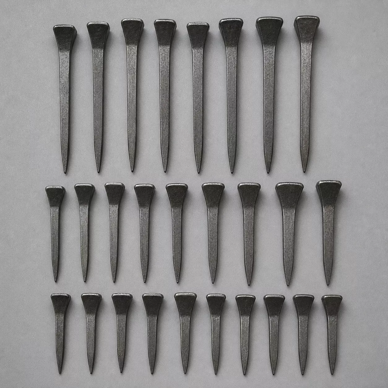 Forged horseshoe nail range with flat heads and tapered square shanks